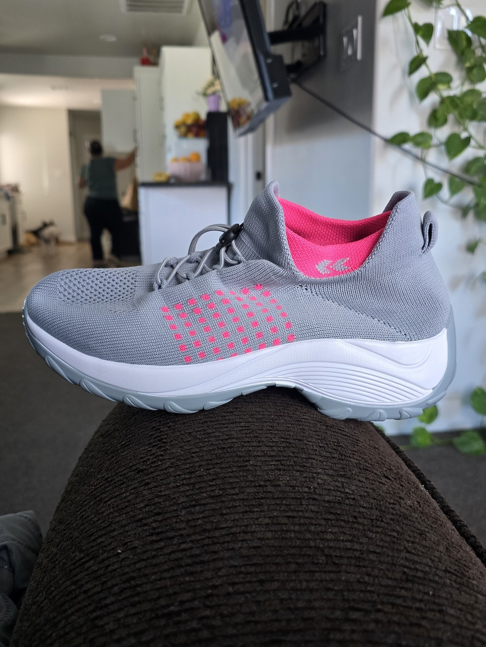 Athletic Slip-On Knit Sneakers in Gray with Pink Lining